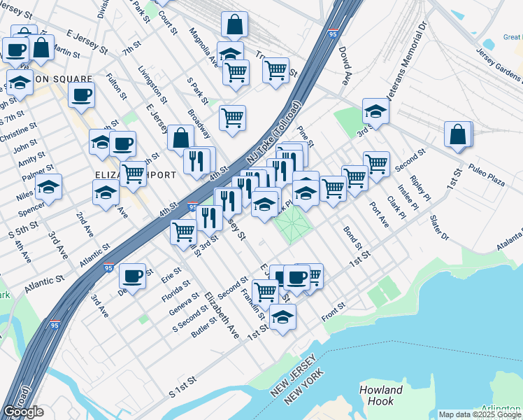 map of restaurants, bars, coffee shops, grocery stores, and more near 136 3rd Street in Elizabeth