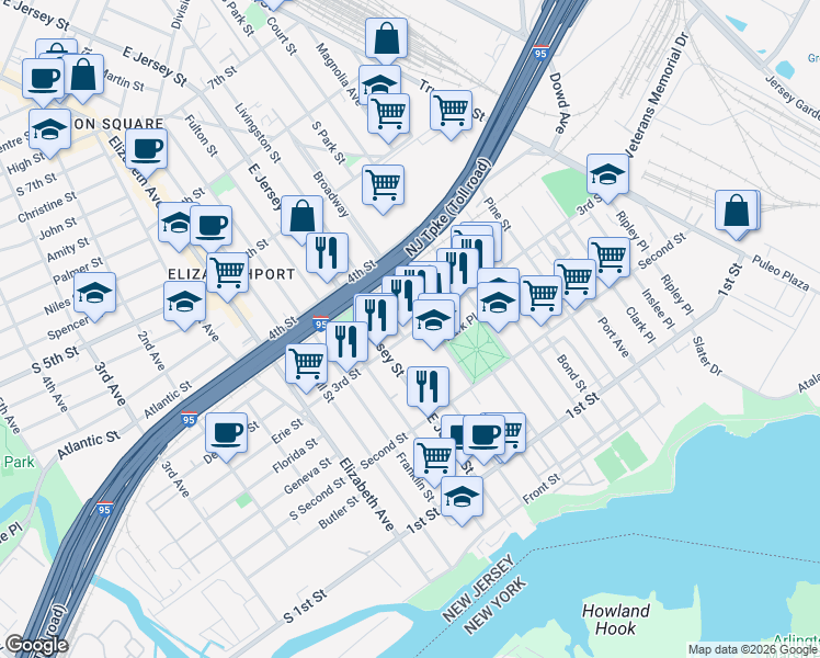 map of restaurants, bars, coffee shops, grocery stores, and more near 136 3rd Street in Elizabeth