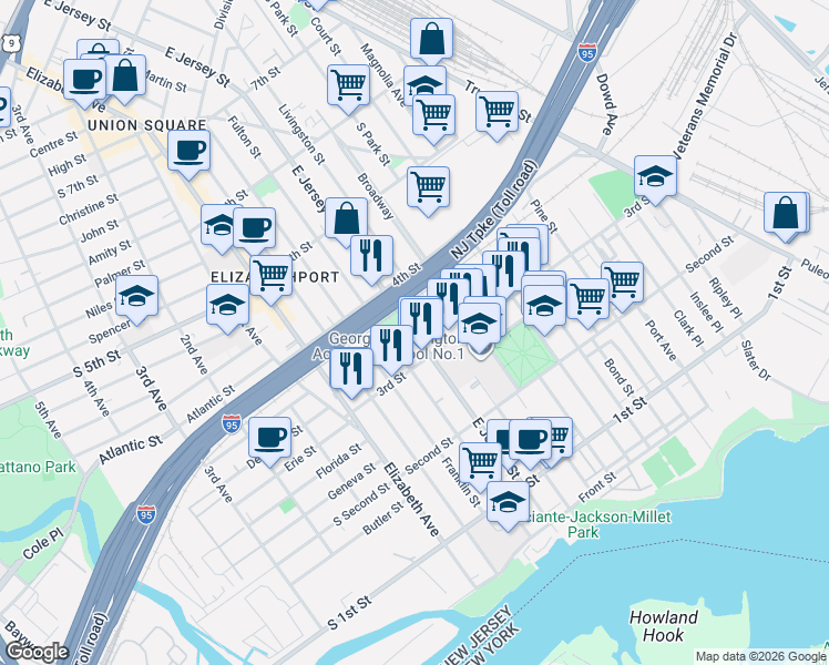 map of restaurants, bars, coffee shops, grocery stores, and more near 324 Livingston Street in Elizabeth