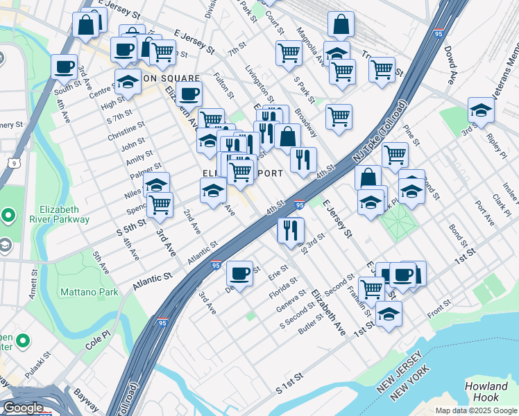 map of restaurants, bars, coffee shops, grocery stores, and more near 414 Marshall Street in Elizabeth