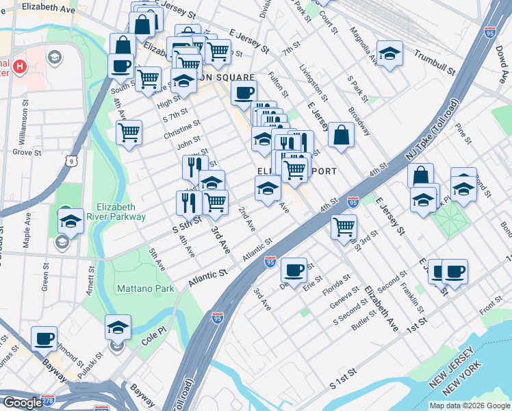 map of restaurants, bars, coffee shops, grocery stores, and more near 27 South 5th Street in Elizabeth