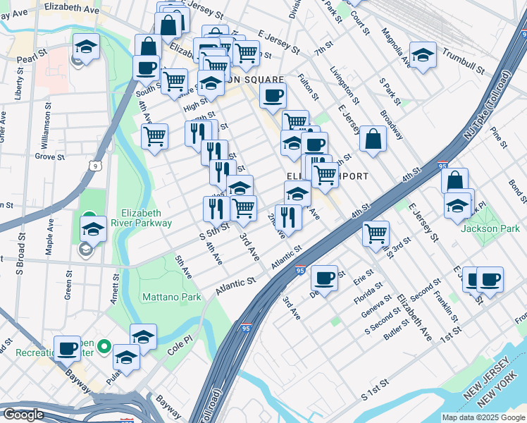 map of restaurants, bars, coffee shops, grocery stores, and more near 206 Spencer Street in Elizabeth