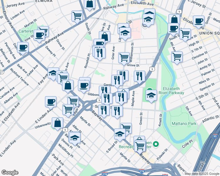 map of restaurants, bars, coffee shops, grocery stores, and more near 721-723 Garden Street in Elizabeth