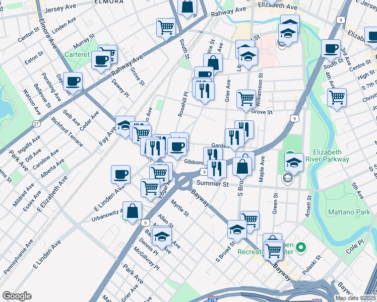 map of restaurants, bars, coffee shops, grocery stores, and more near 852 Garden Street in Elizabeth