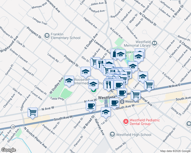 map of restaurants, bars, coffee shops, grocery stores, and more near in Westfield