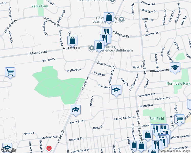 map of restaurants, bars, coffee shops, grocery stores, and more near 56 South Lark Court in Bethlehem