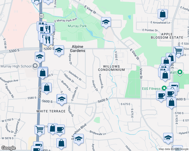 map of restaurants, bars, coffee shops, grocery stores, and more near 5431 Avalon Drive in Murray