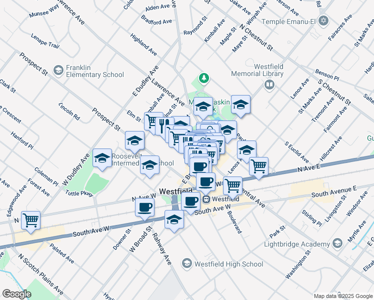 map of restaurants, bars, coffee shops, grocery stores, and more near 146 Elm Street in Westfield
