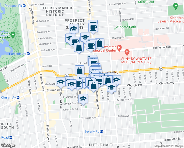 map of restaurants, bars, coffee shops, grocery stores, and more near 233 Linden Boulevard in Brooklyn