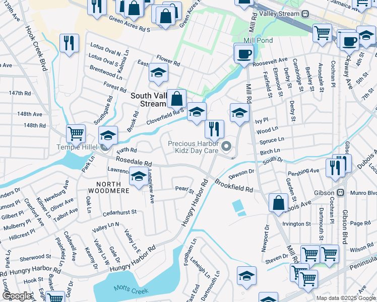 map of restaurants, bars, coffee shops, grocery stores, and more near 107 Saddle Rock Road in Valley Stream