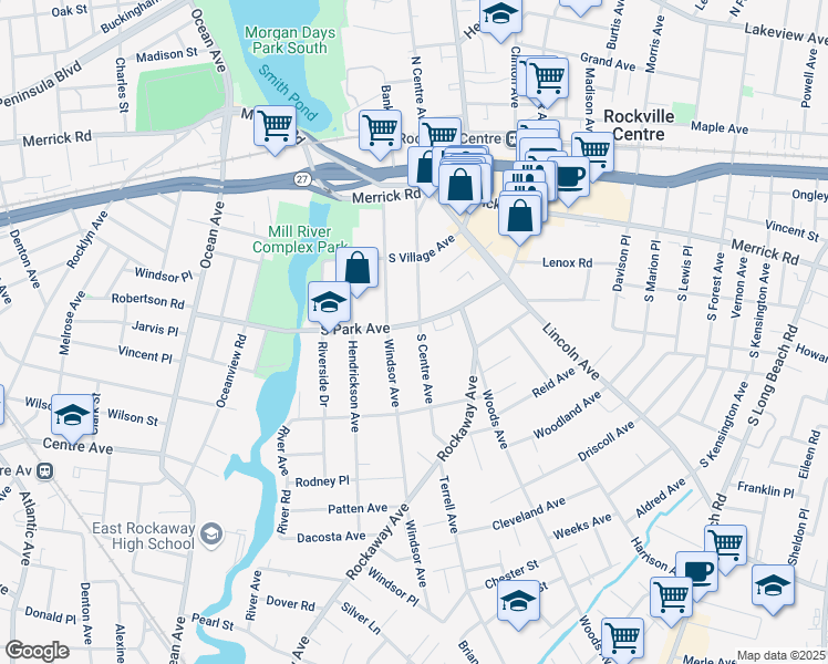 map of restaurants, bars, coffee shops, grocery stores, and more near 158 Park Lane in Rockville Centre