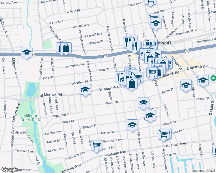 map of restaurants, bars, coffee shops, grocery stores, and more near 250 West Merrick Road in Freeport