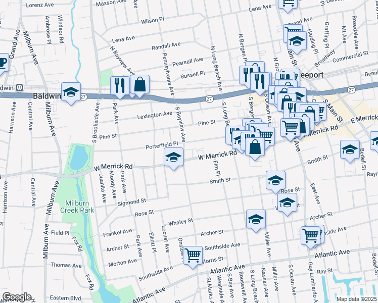 map of restaurants, bars, coffee shops, grocery stores, and more near 125 South Bayview Avenue in Freeport