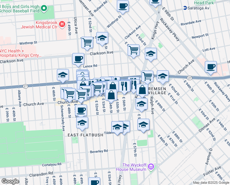 map of restaurants, bars, coffee shops, grocery stores, and more near 204 East 55th Street in Brooklyn