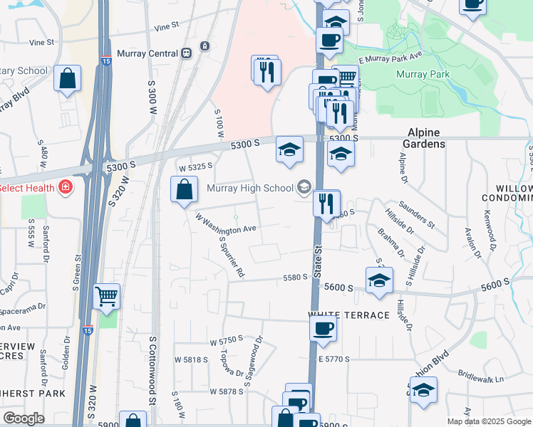 map of restaurants, bars, coffee shops, grocery stores, and more near 10 West Hillcrest Circle in Salt Lake City