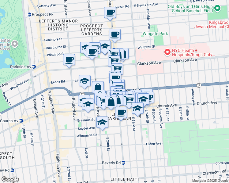 map of restaurants, bars, coffee shops, grocery stores, and more near 235 Linden Boulevard in Brooklyn