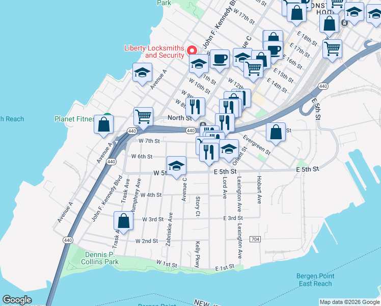 map of restaurants, bars, coffee shops, grocery stores, and more near 192 Avenue C in Bayonne