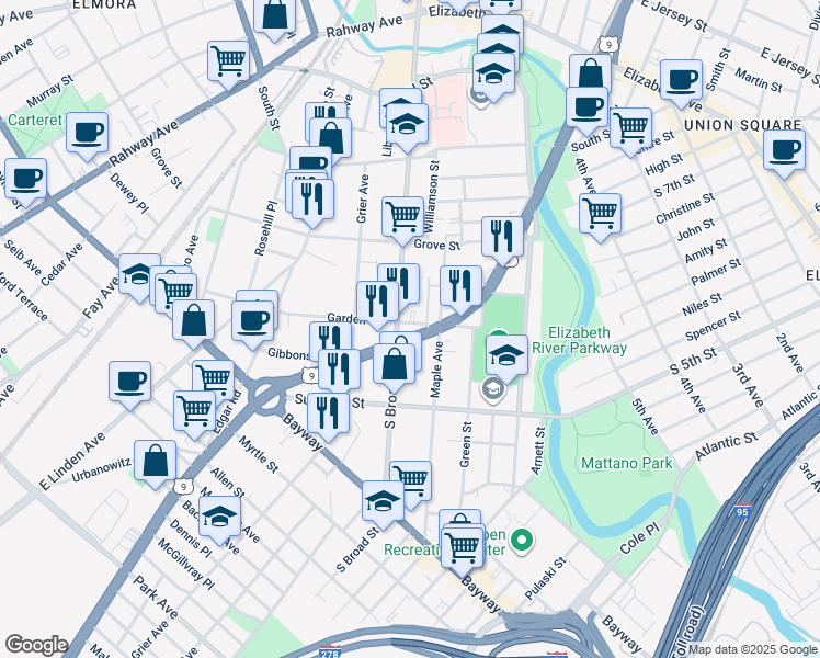 map of restaurants, bars, coffee shops, grocery stores, and more near 508 South Broad Street in Elizabeth