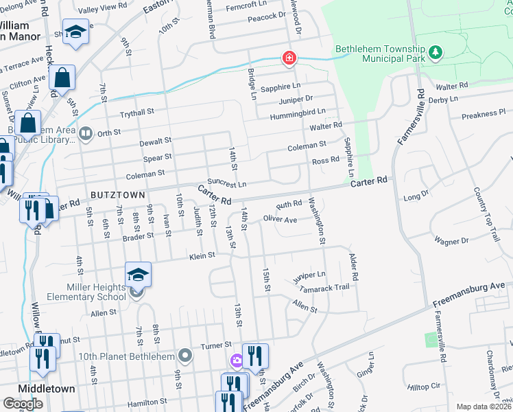 map of restaurants, bars, coffee shops, grocery stores, and more near 3945 Carter Road in Bethlehem