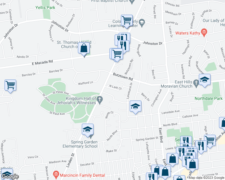 map of restaurants, bars, coffee shops, grocery stores, and more near 56 South Lark Court in Bethlehem