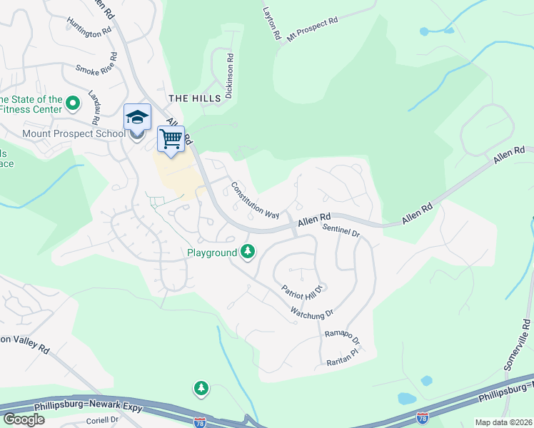 map of restaurants, bars, coffee shops, grocery stores, and more near 94 Constitution Way in Basking Ridge