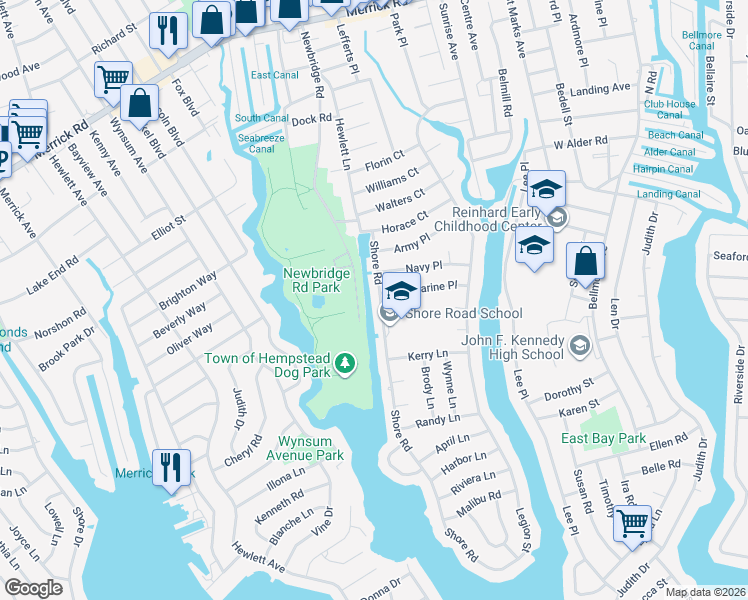 map of restaurants, bars, coffee shops, grocery stores, and more near 308 Shore Road in Bellmore