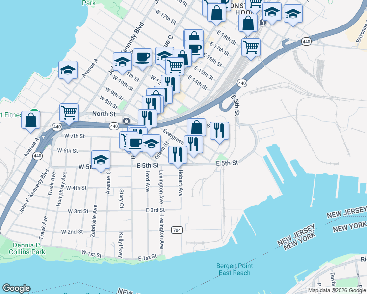 map of restaurants, bars, coffee shops, grocery stores, and more near 59 Evergreen Street in Bayonne