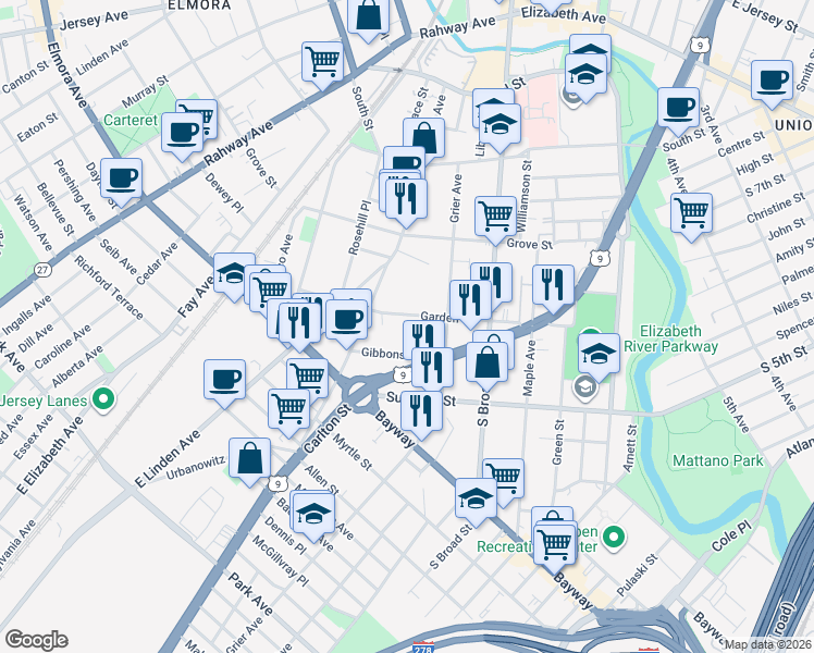 map of restaurants, bars, coffee shops, grocery stores, and more near 819 Garden Street in Elizabeth