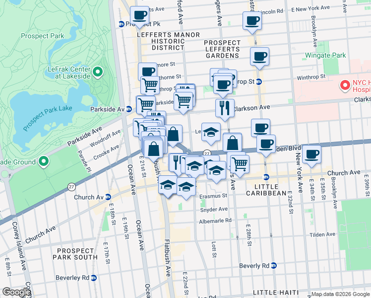 map of restaurants, bars, coffee shops, grocery stores, and more near 2219 Caton Avenue in Brooklyn