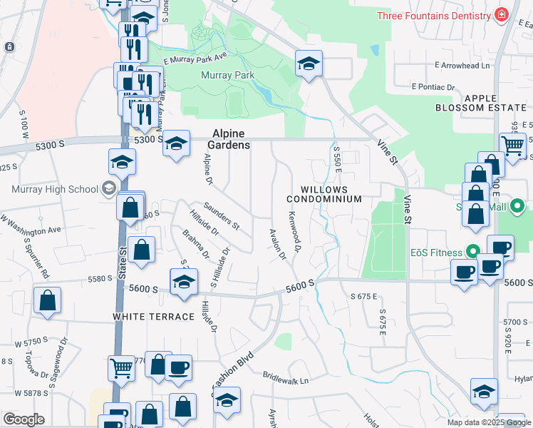 map of restaurants, bars, coffee shops, grocery stores, and more near 5442 Avalon Drive in Murray