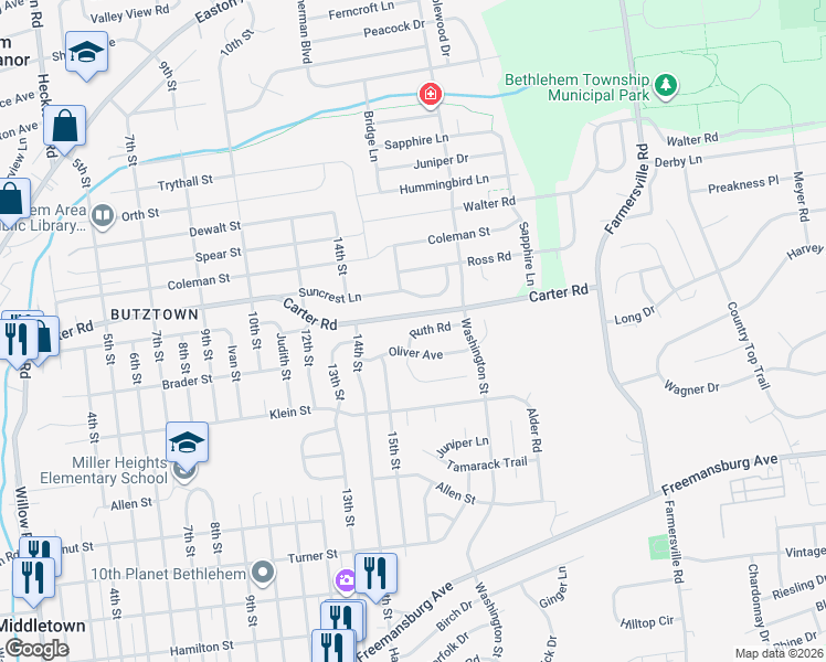 map of restaurants, bars, coffee shops, grocery stores, and more near 4045 Ruth Road in Bethlehem