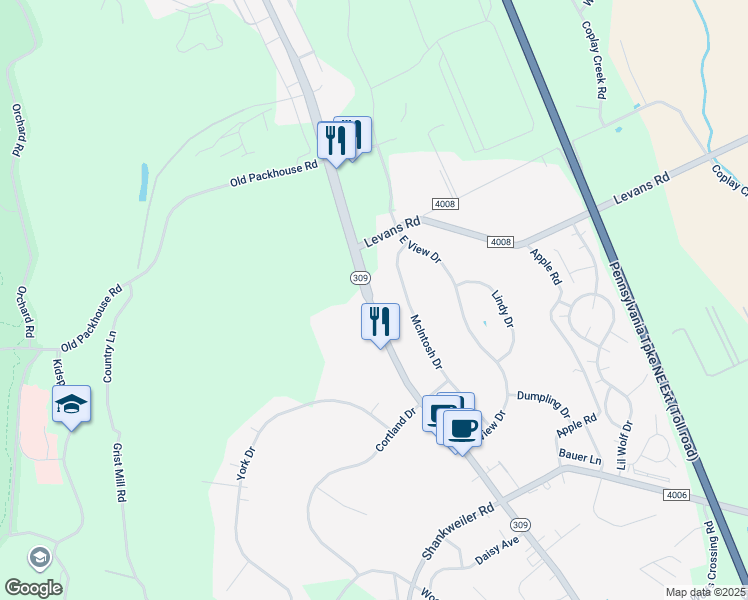 map of restaurants, bars, coffee shops, grocery stores, and more near 3838 McIntosh Drive in Lehigh County