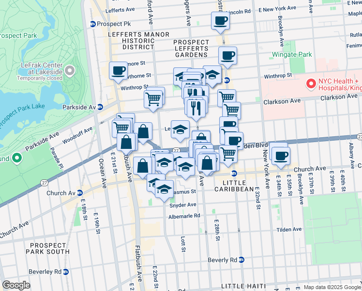 map of restaurants, bars, coffee shops, grocery stores, and more near 123 Linden Boulevard in Brooklyn
