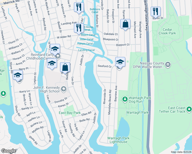 map of restaurants, bars, coffee shops, grocery stores, and more near 2935 Bayside Court in Wantagh