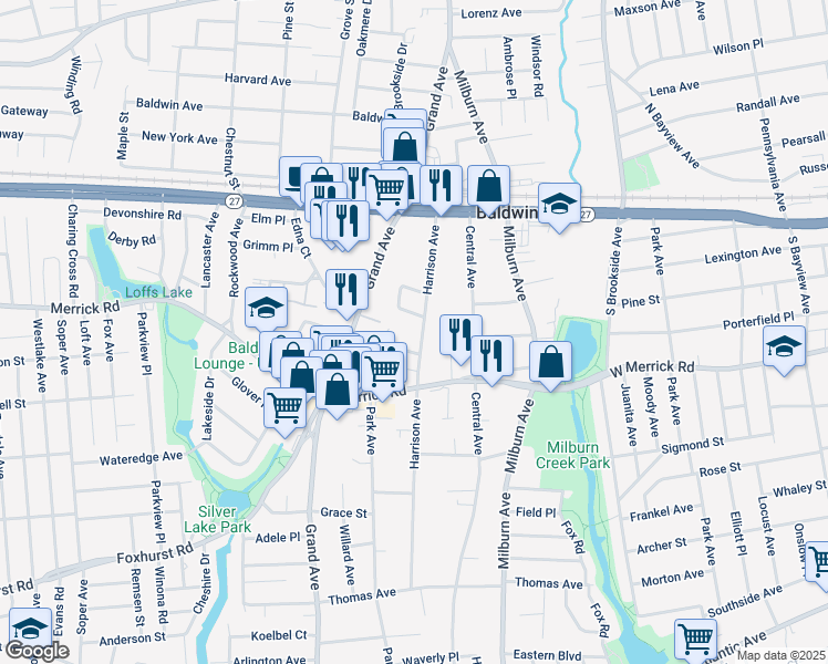 map of restaurants, bars, coffee shops, grocery stores, and more near 719 Bixby Drive in Baldwin