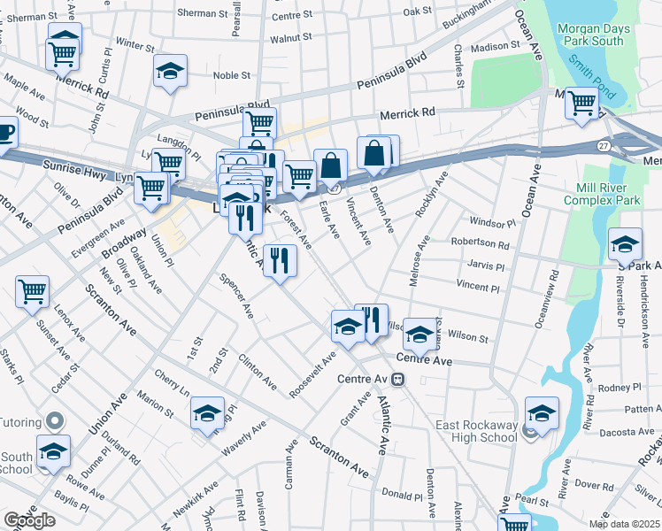 map of restaurants, bars, coffee shops, grocery stores, and more near 189 Forest Avenue in Lynbrook