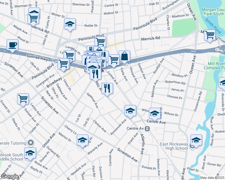 map of restaurants, bars, coffee shops, grocery stores, and more near 28 Doxsey Place in Lynbrook