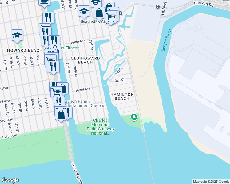 map of restaurants, bars, coffee shops, grocery stores, and more near 99-65 163rd Road in Queens