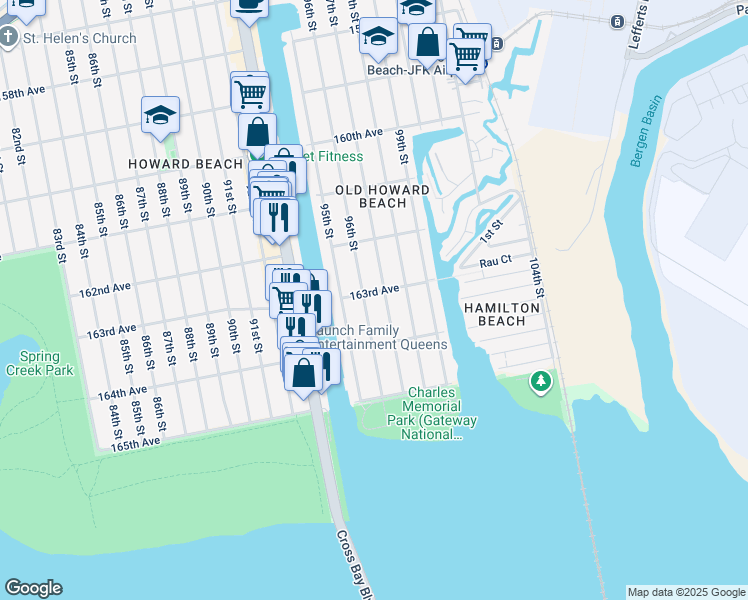 map of restaurants, bars, coffee shops, grocery stores, and more near 97-01 163rd Avenue in Queens