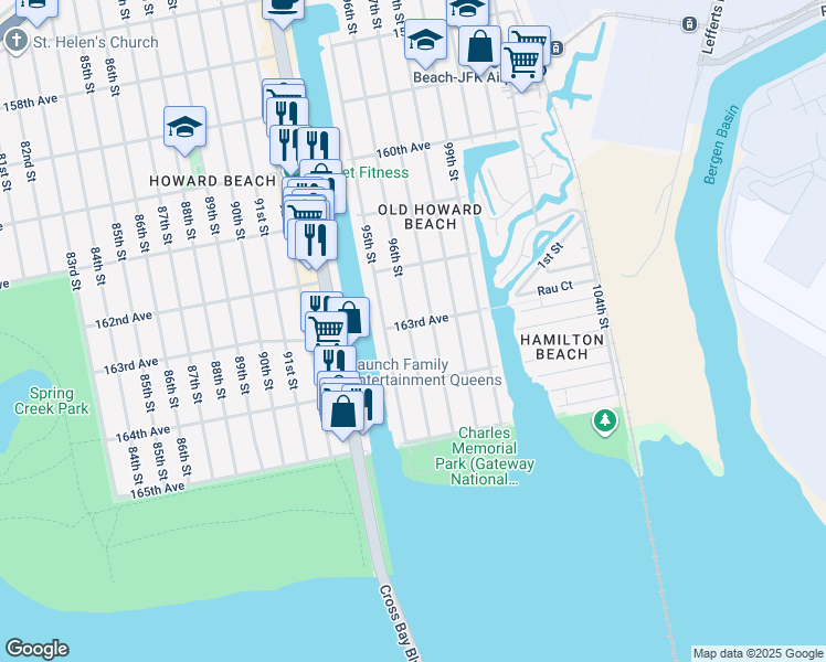 map of restaurants, bars, coffee shops, grocery stores, and more near 97-01 163rd Avenue in Queens