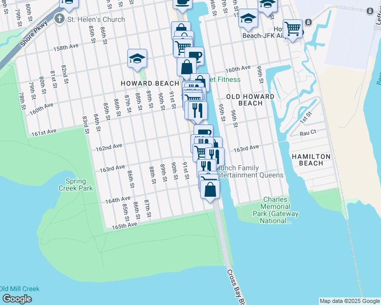 map of restaurants, bars, coffee shops, grocery stores, and more near 16254 Cross Bay Boulevard in Queens