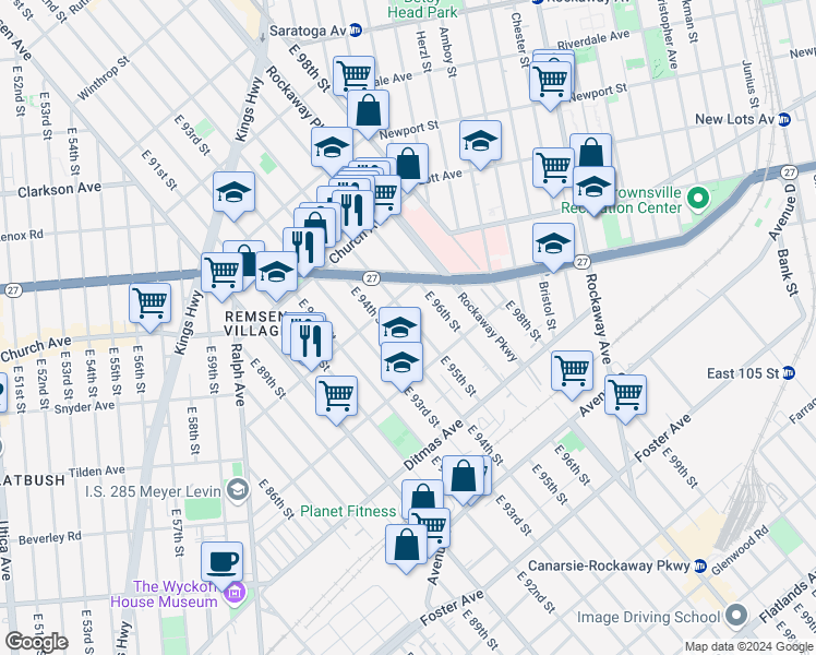 map of restaurants, bars, coffee shops, grocery stores, and more near 622 East 95th Street in Brooklyn
