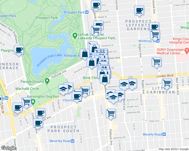 map of restaurants, bars, coffee shops, grocery stores, and more near 75 East 21st Street in Brooklyn