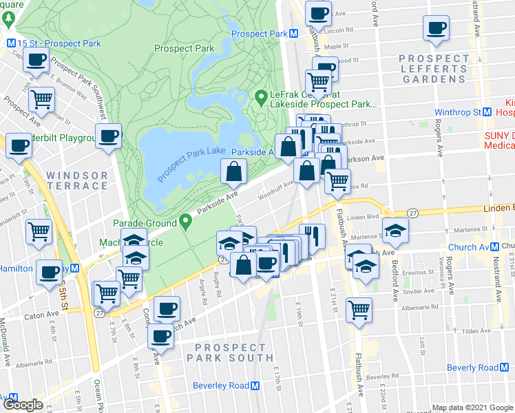 map of restaurants, bars, coffee shops, grocery stores, and more near 25 Woodruff Avenue in Brooklyn