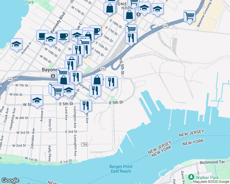 map of restaurants, bars, coffee shops, grocery stores, and more near 56 Isabella Avenue in Bayonne