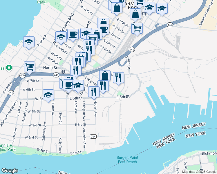map of restaurants, bars, coffee shops, grocery stores, and more near 184 Hobart Avenue in Bayonne
