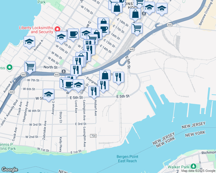 map of restaurants, bars, coffee shops, grocery stores, and more near 184 Hobart Avenue in Bayonne