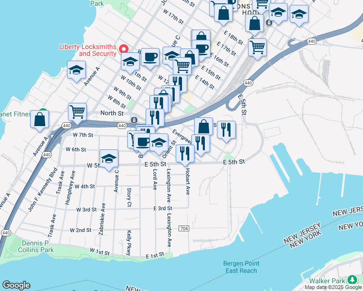 map of restaurants, bars, coffee shops, grocery stores, and more near 59 Evergreen Street in Bayonne