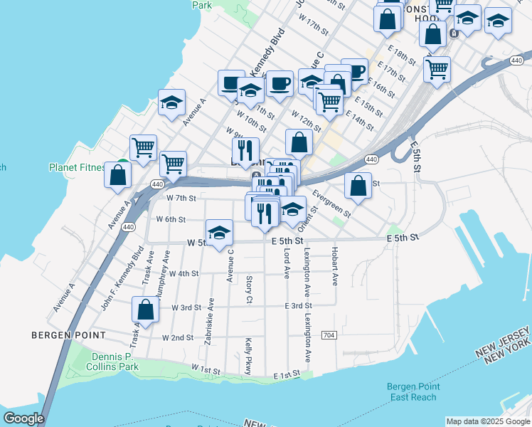 map of restaurants, bars, coffee shops, grocery stores, and more near 22 West 7th Street in Bayonne