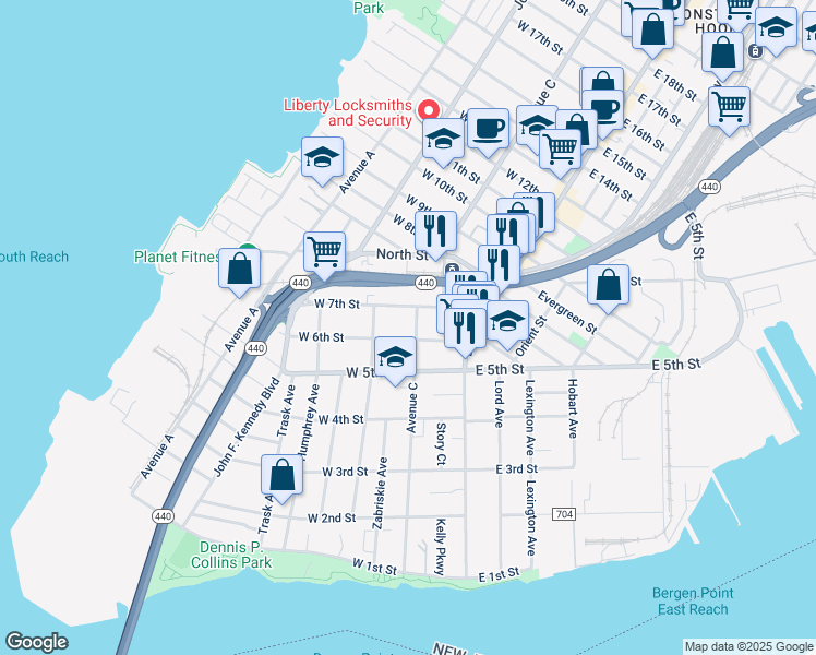 map of restaurants, bars, coffee shops, grocery stores, and more near 192 Avenue C in Bayonne
